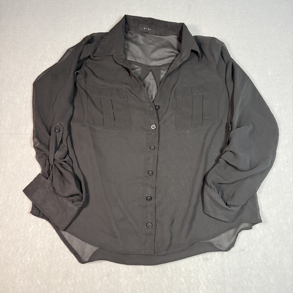 Women's Sheer Black 3/4 Buttoned Roll Up Sleeve Work Shirt with Pockets